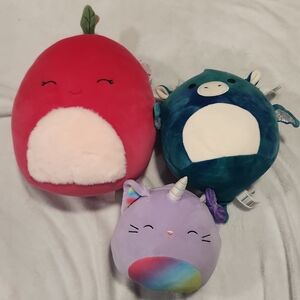 Set of 3 Round Plush Toys - Red Apple, Teal Dragon, Lavender Unicorn